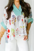 Floral Print Striped Contrast Trim V Neck Half Sleeve Blouse