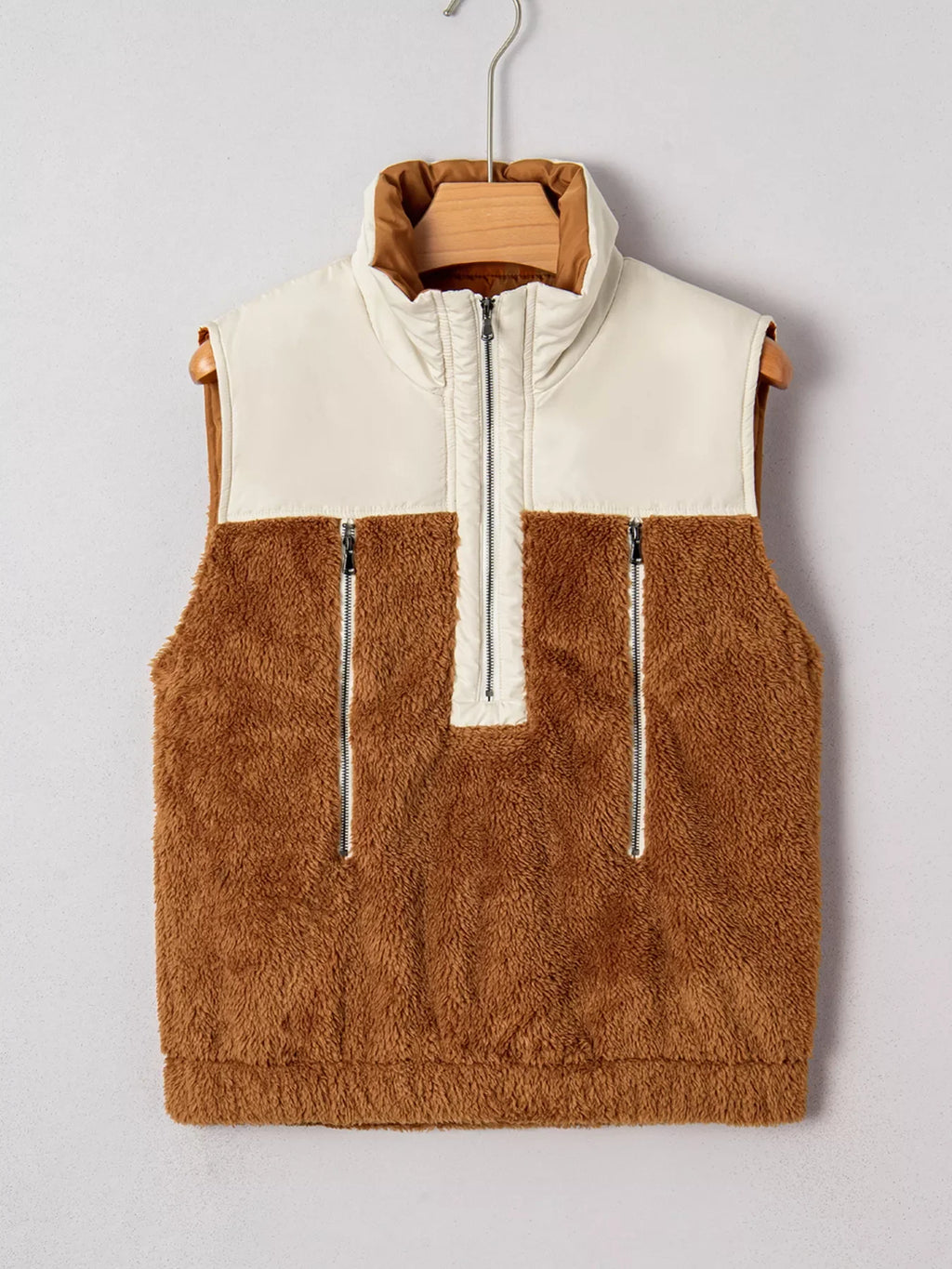 Color Block Plush Patchwork Zipper Stand Neck Vest Coat