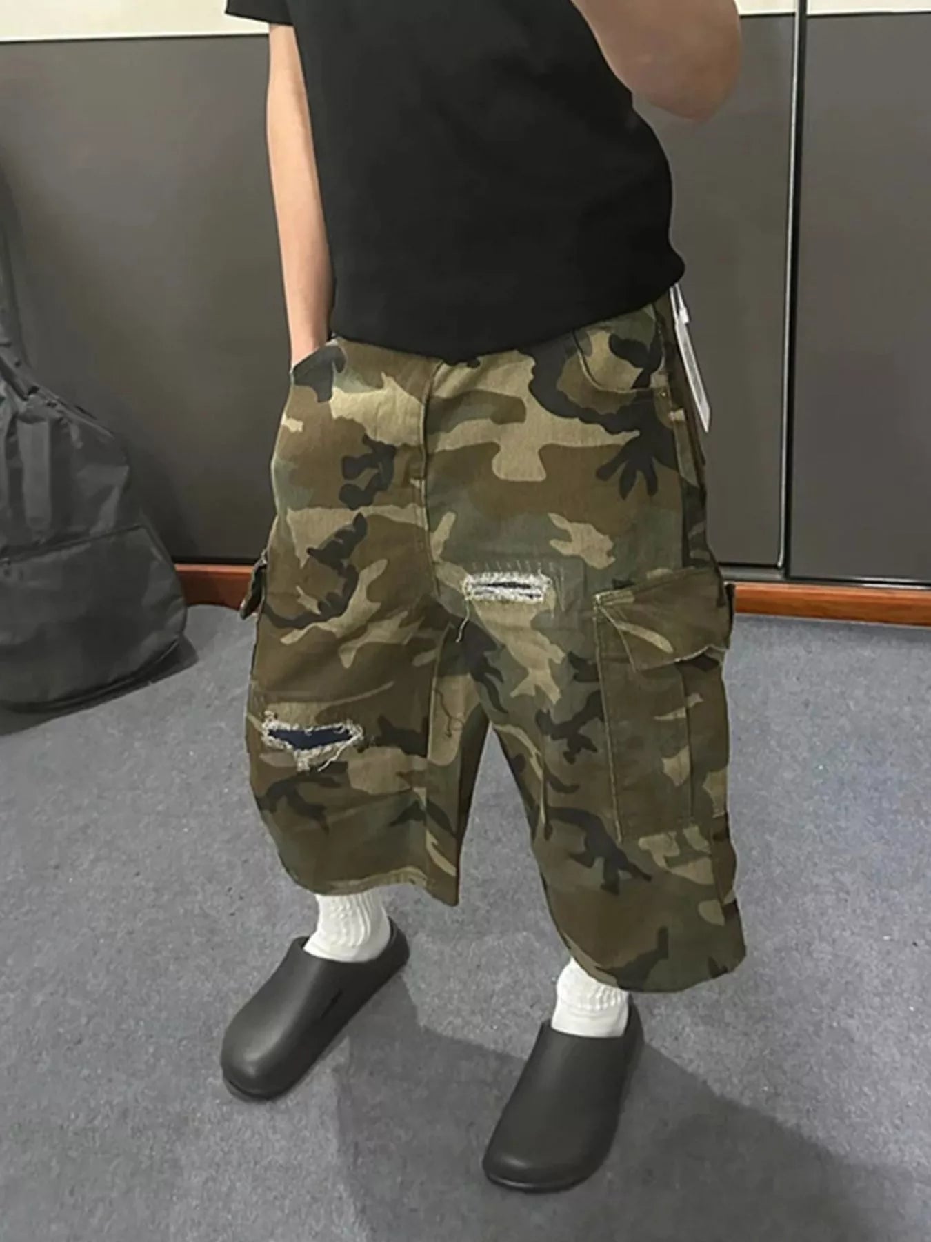 Men's Full Size Camouflage Cargo Denim Shorts with Distressed Details Plus Size