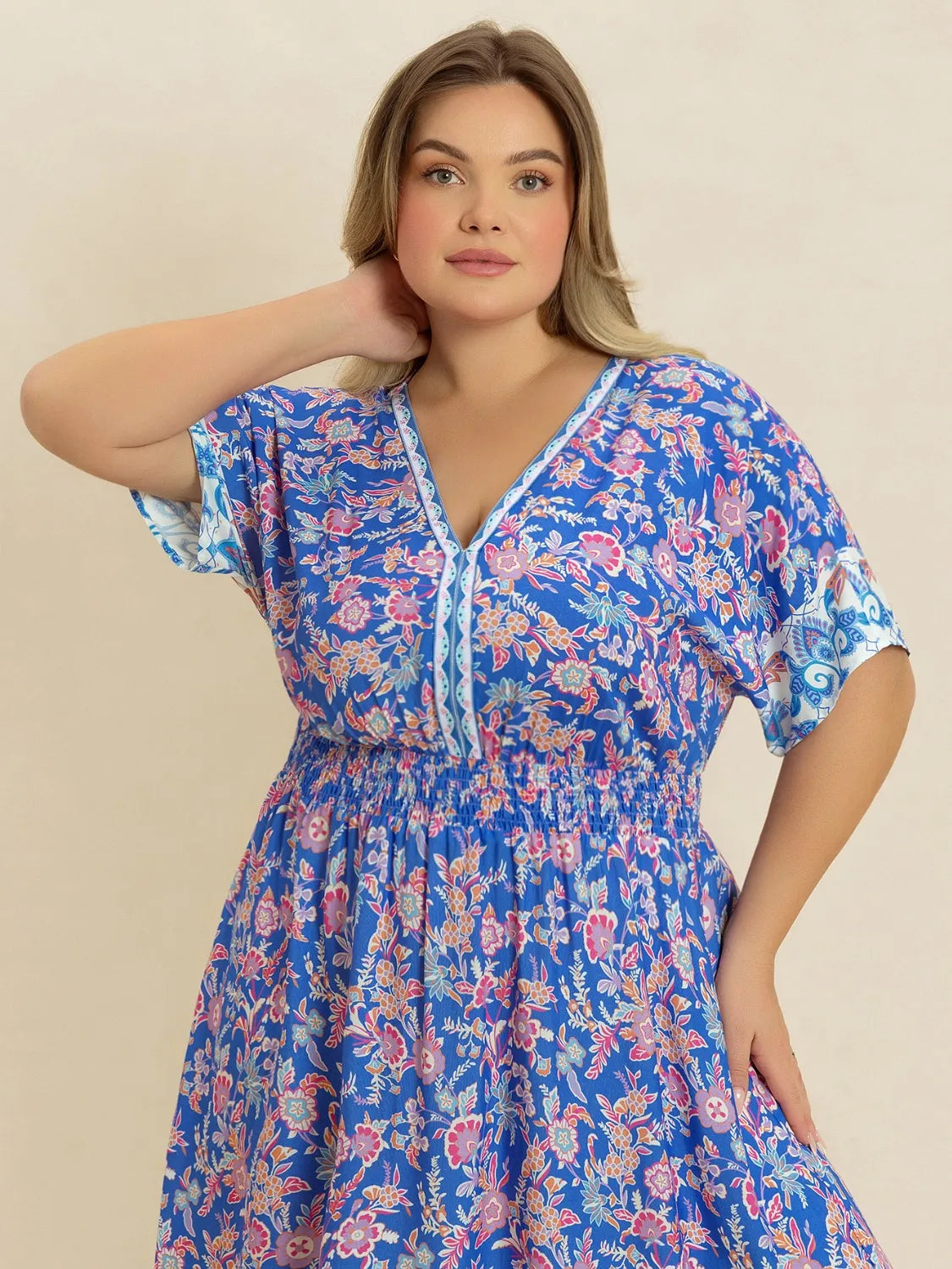 Plus Size Smocked Printed Half Sleeve Midi Dress