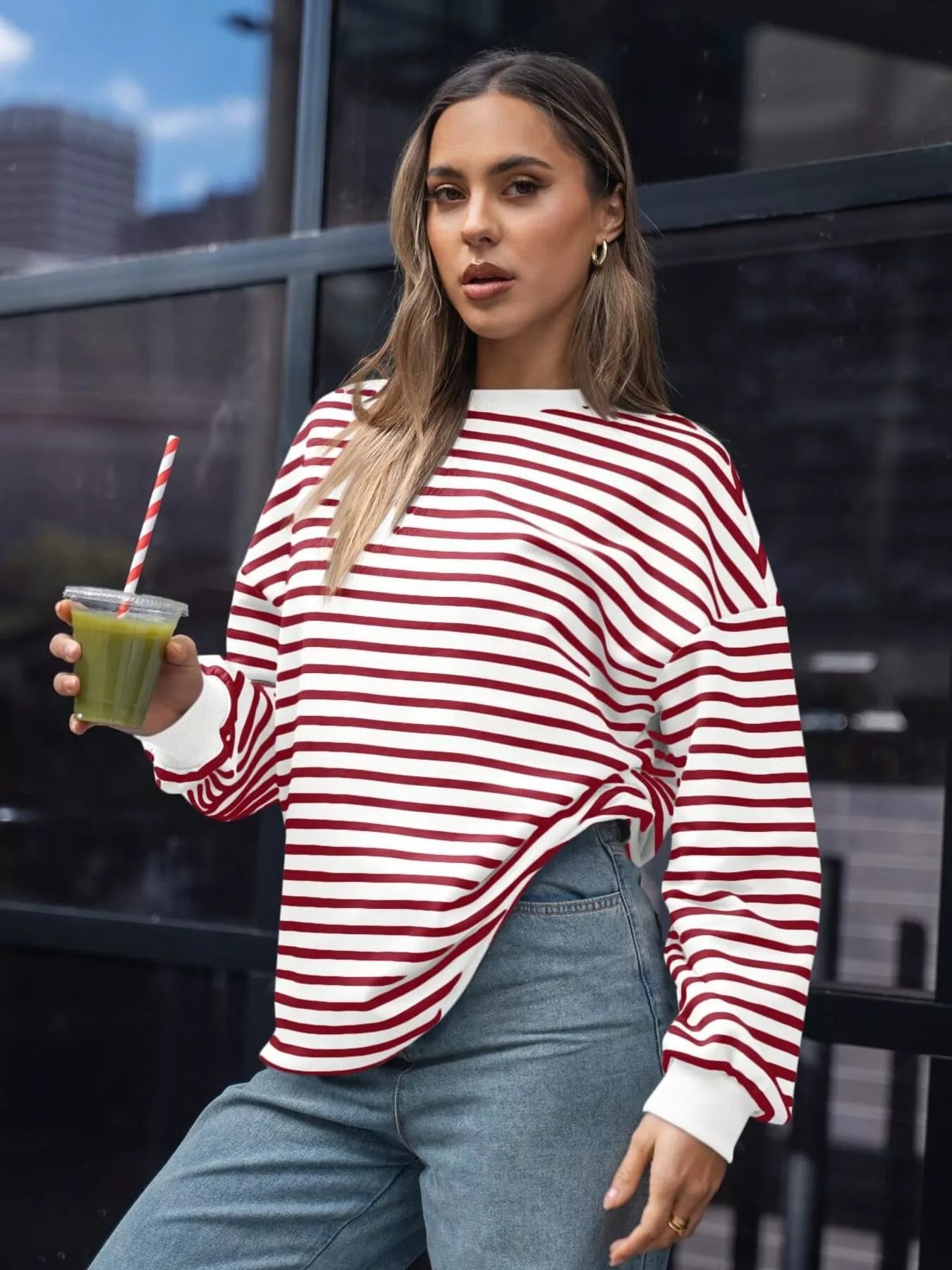 Striped Round Neck Oversized Casual Sweatshirt