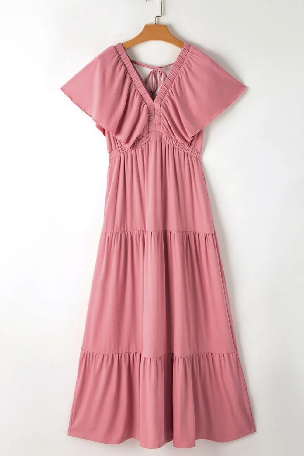 Ruffled V Neck Flutter Sleeve Maxi Dress
