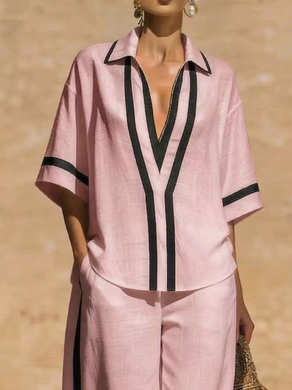 Full Size Contrast Trim Top and Pants Set Plus Size