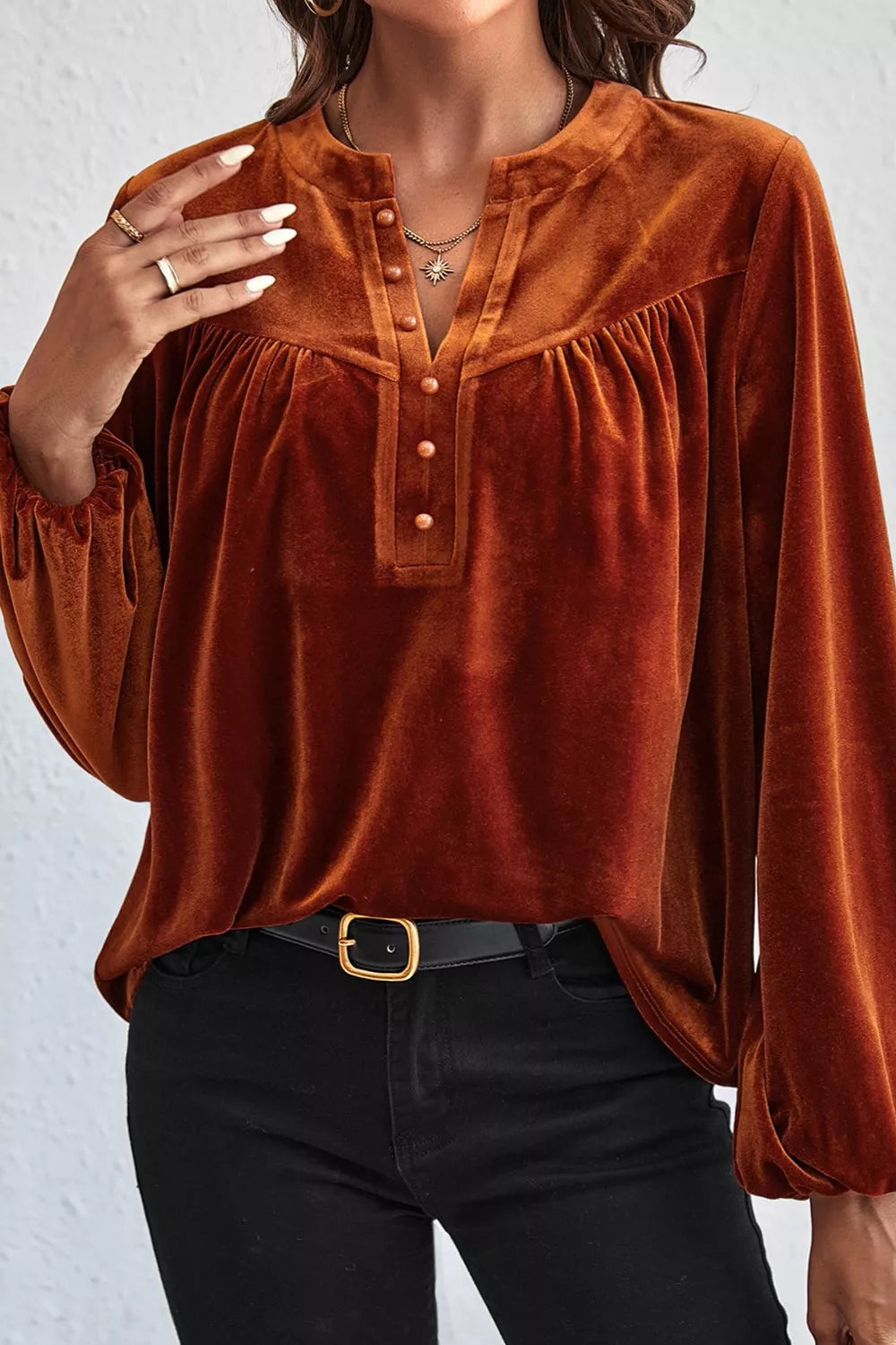 Velvet Button-Front Long Sleeve Blouse