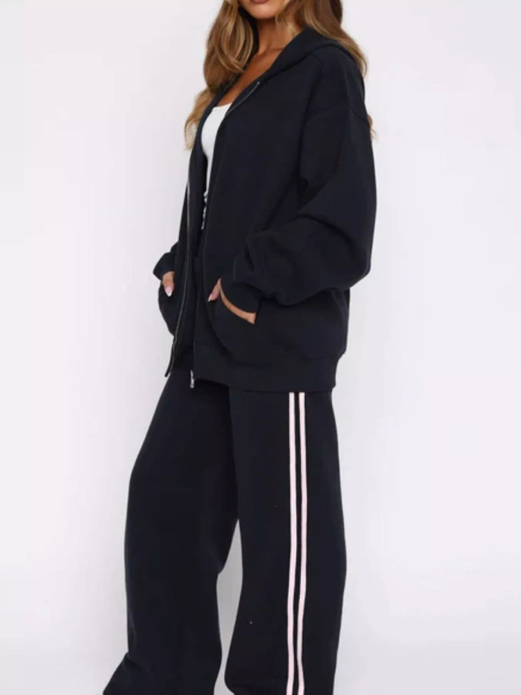 Zip Up Hoodie and Striped Pants Set