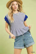 Umgee Stripe Ruffle Sleeve Peplum Top