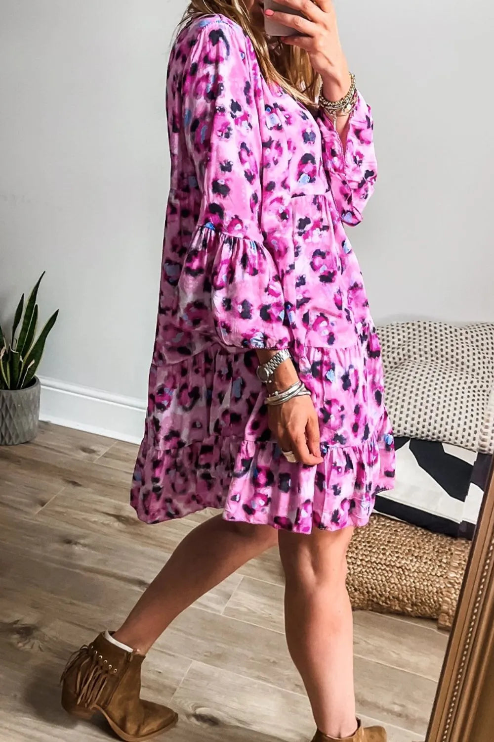 Leopard Print Buttoned Front 3/4 Sleeve Tiered Ruffled Hem Dress