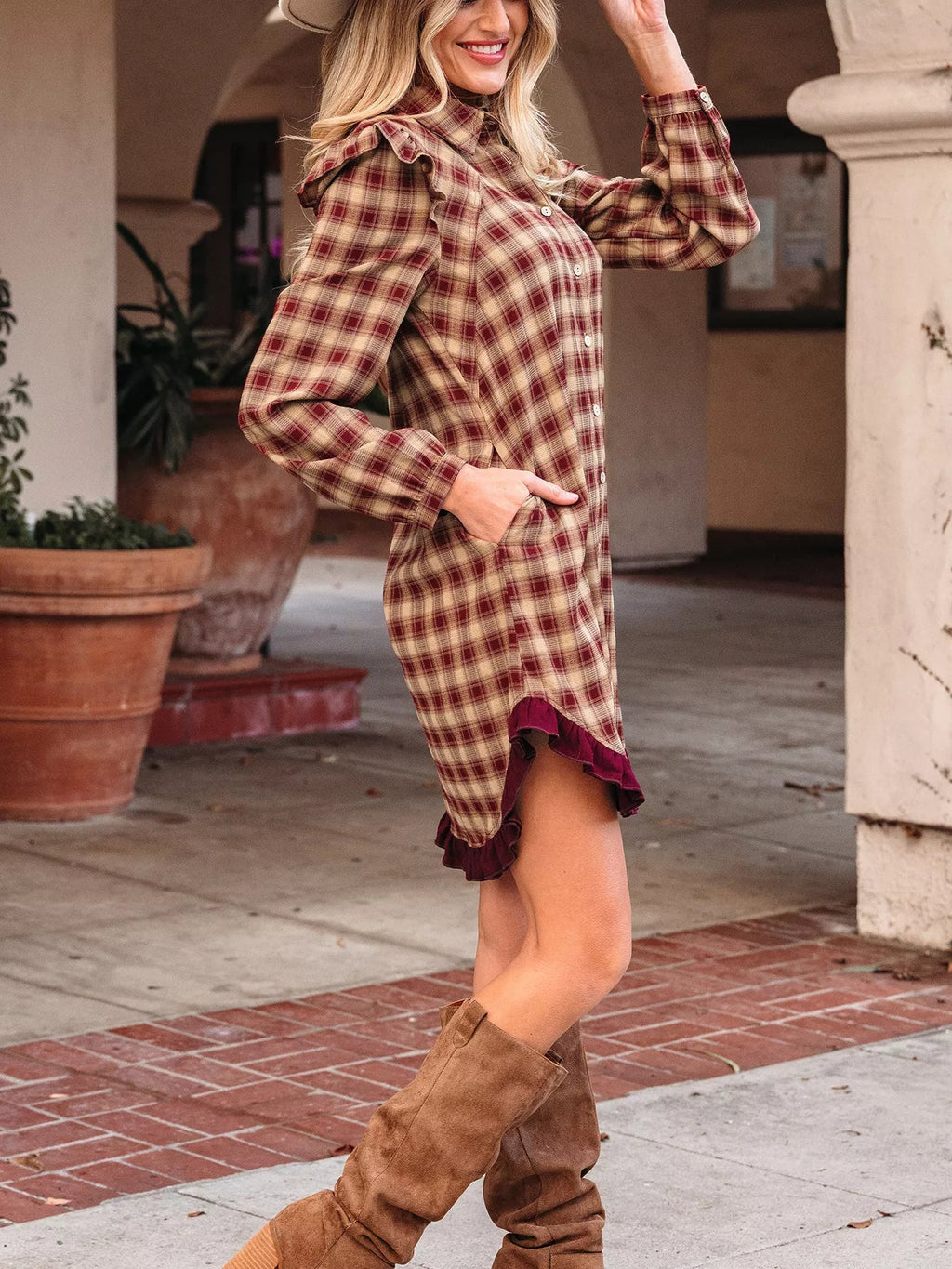 Plaid Print Ruffled Long Sleeve Patchwork Hem Mini Shirt Dress