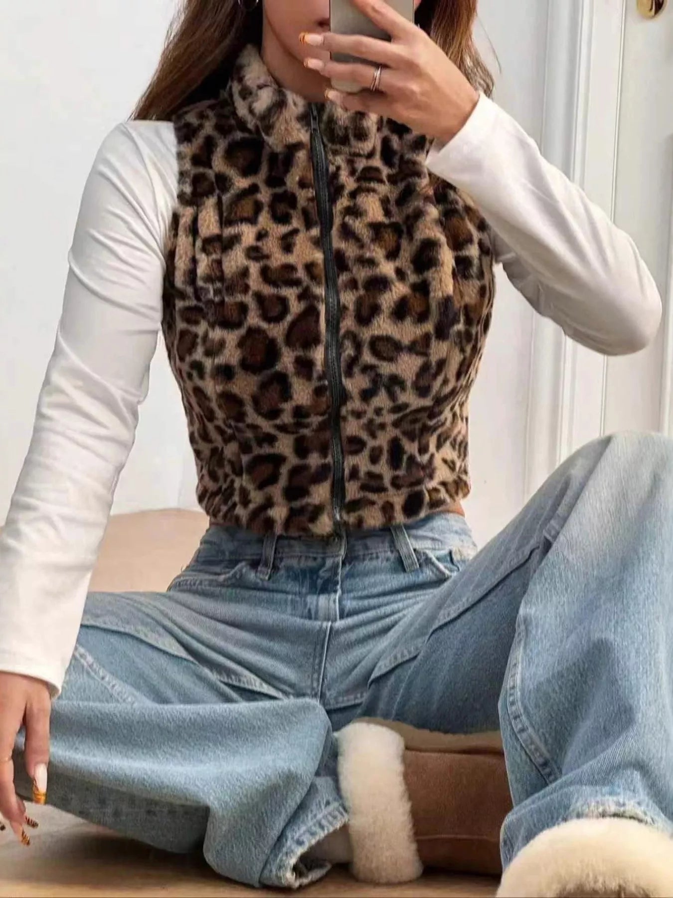 Leopard Zip Up Faux Fur Cropped Vest Coat