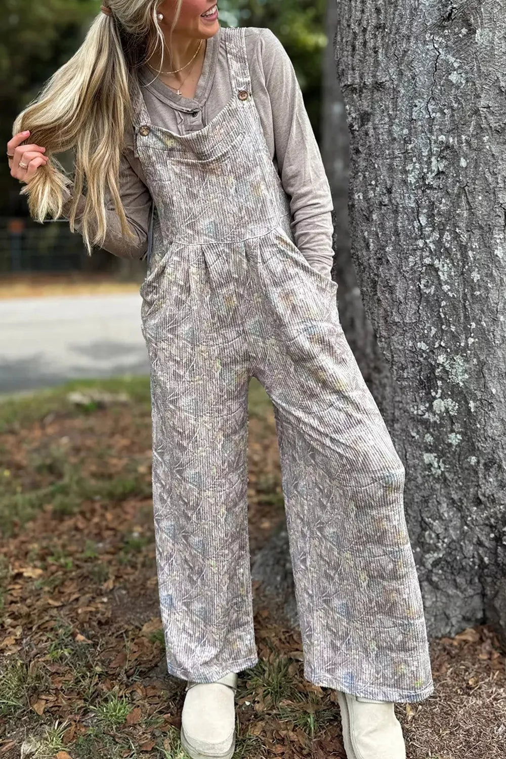Camouflage Twist Ribbed Sleeveless Full-Length Casual Jumpsuit