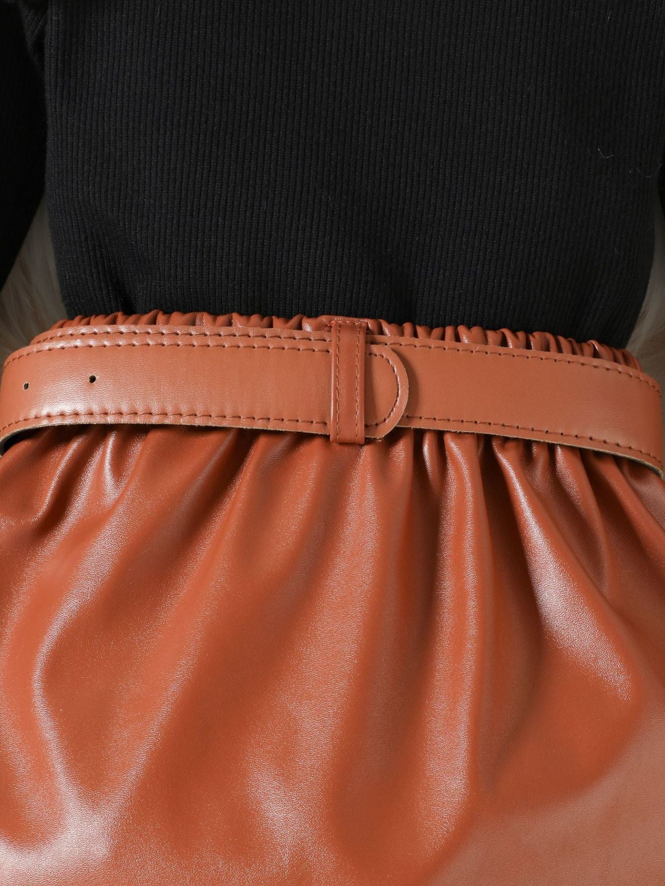 Children's Ruffle Trim Top & Faux Leather Pleated Skirt Set