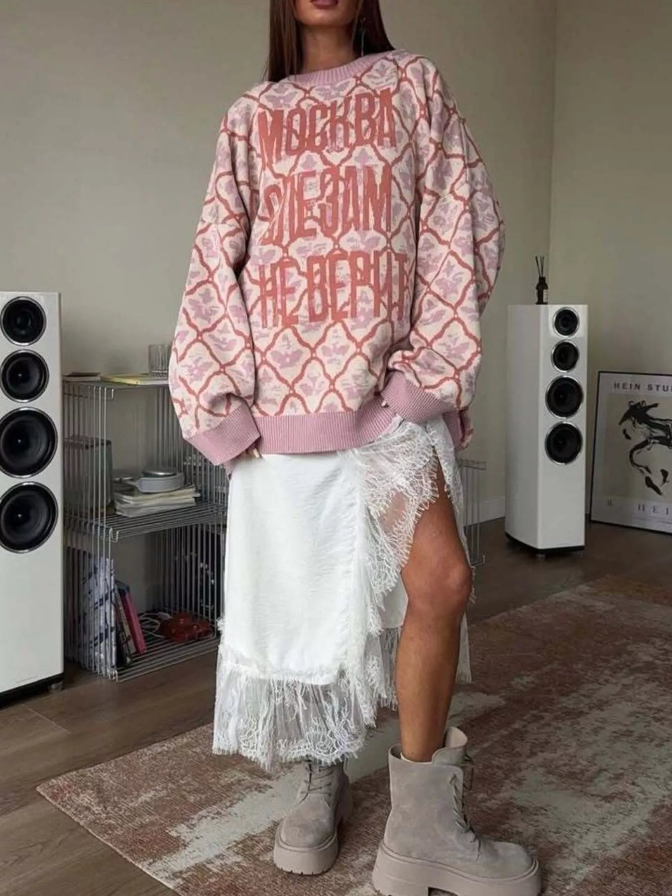 Letter Round Neck Long Sleeve Sweater
