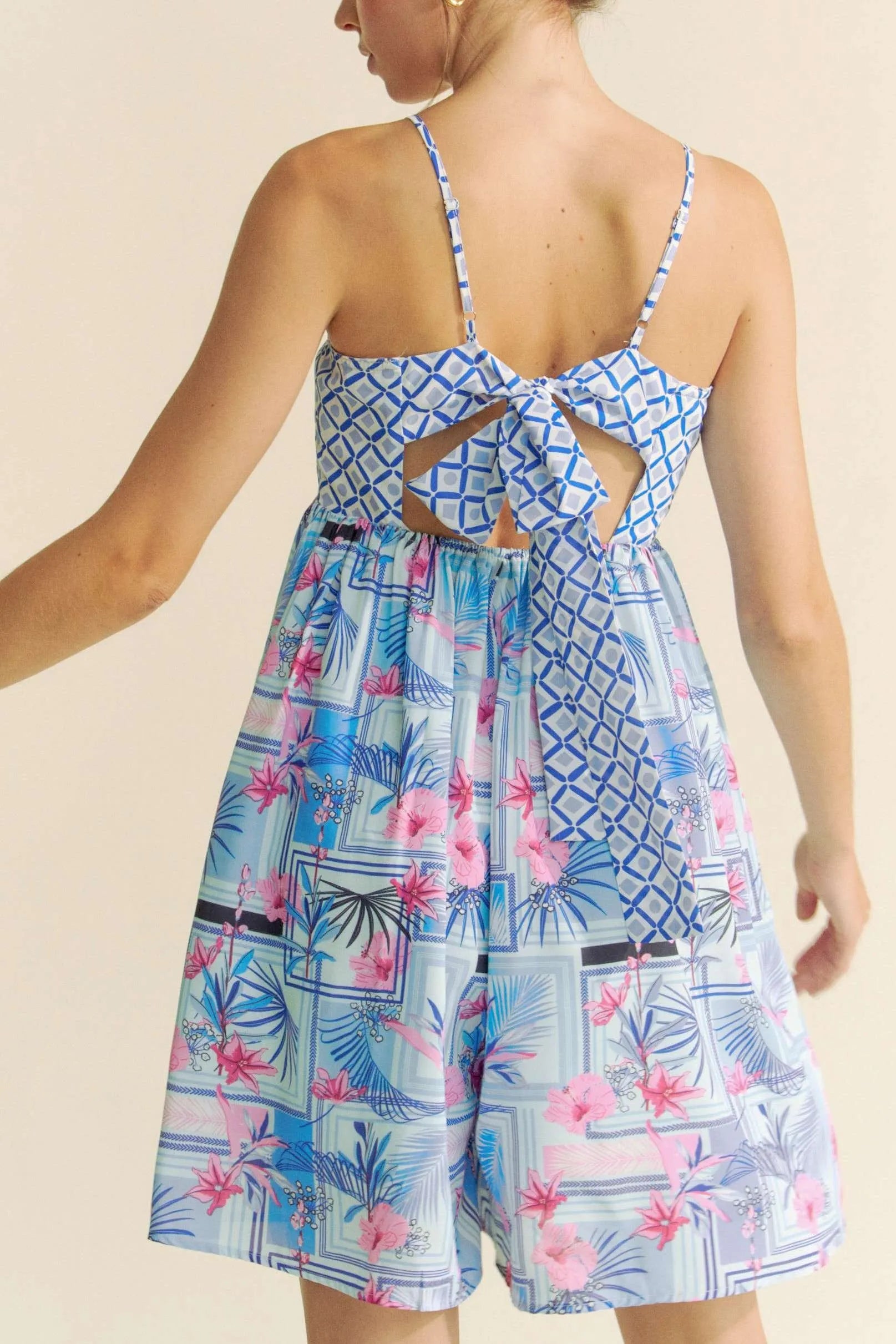 Davi & Dani Tropical Floral Geo Print Tie Back Tube Top Romper