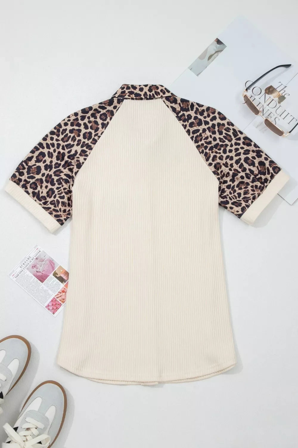 Ribbed Texture Button Down Leopard Patchwork Short Sleeve Shirt