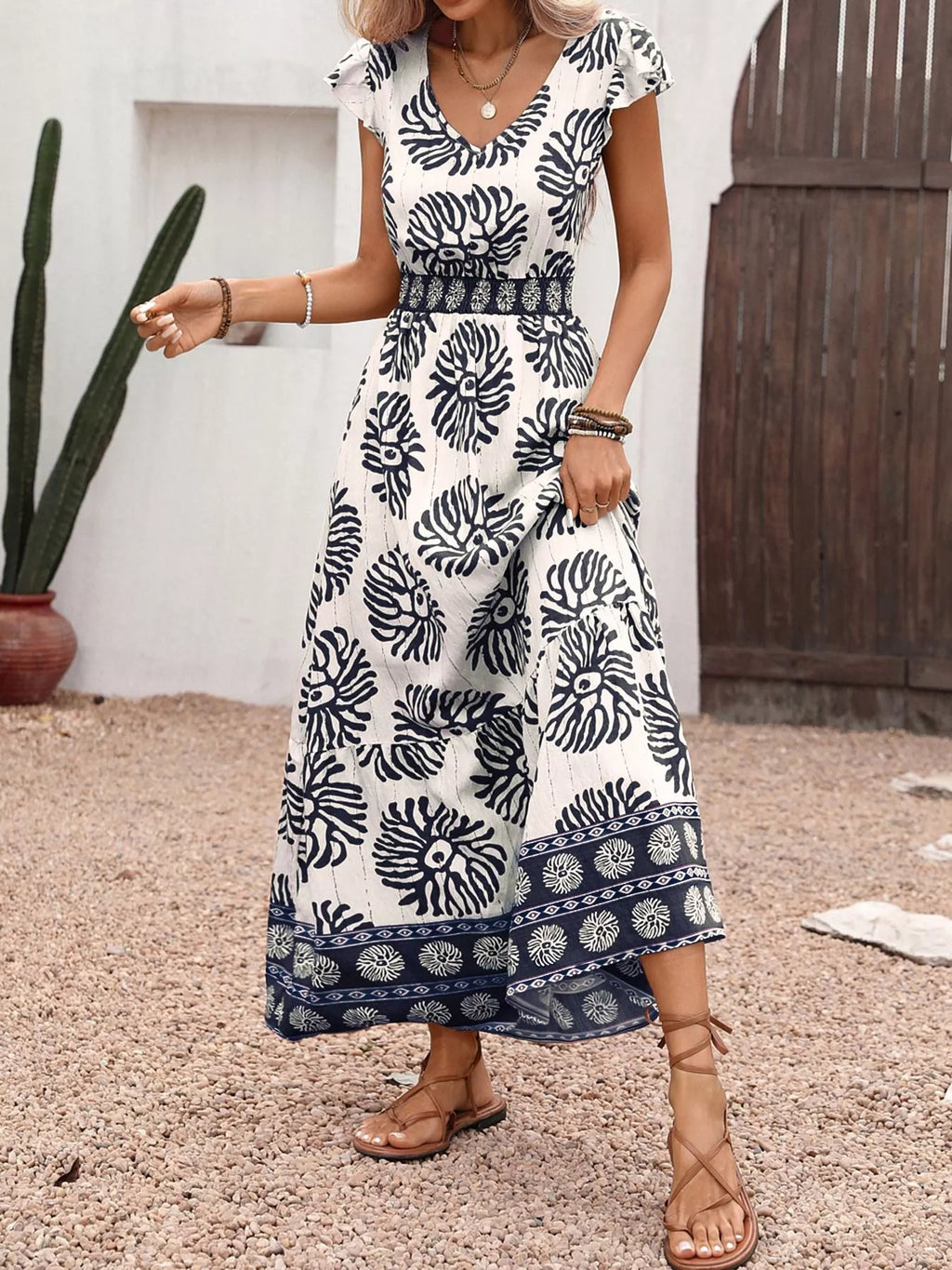 Printed V-Neck Cap Sleeve Maxi Dress
