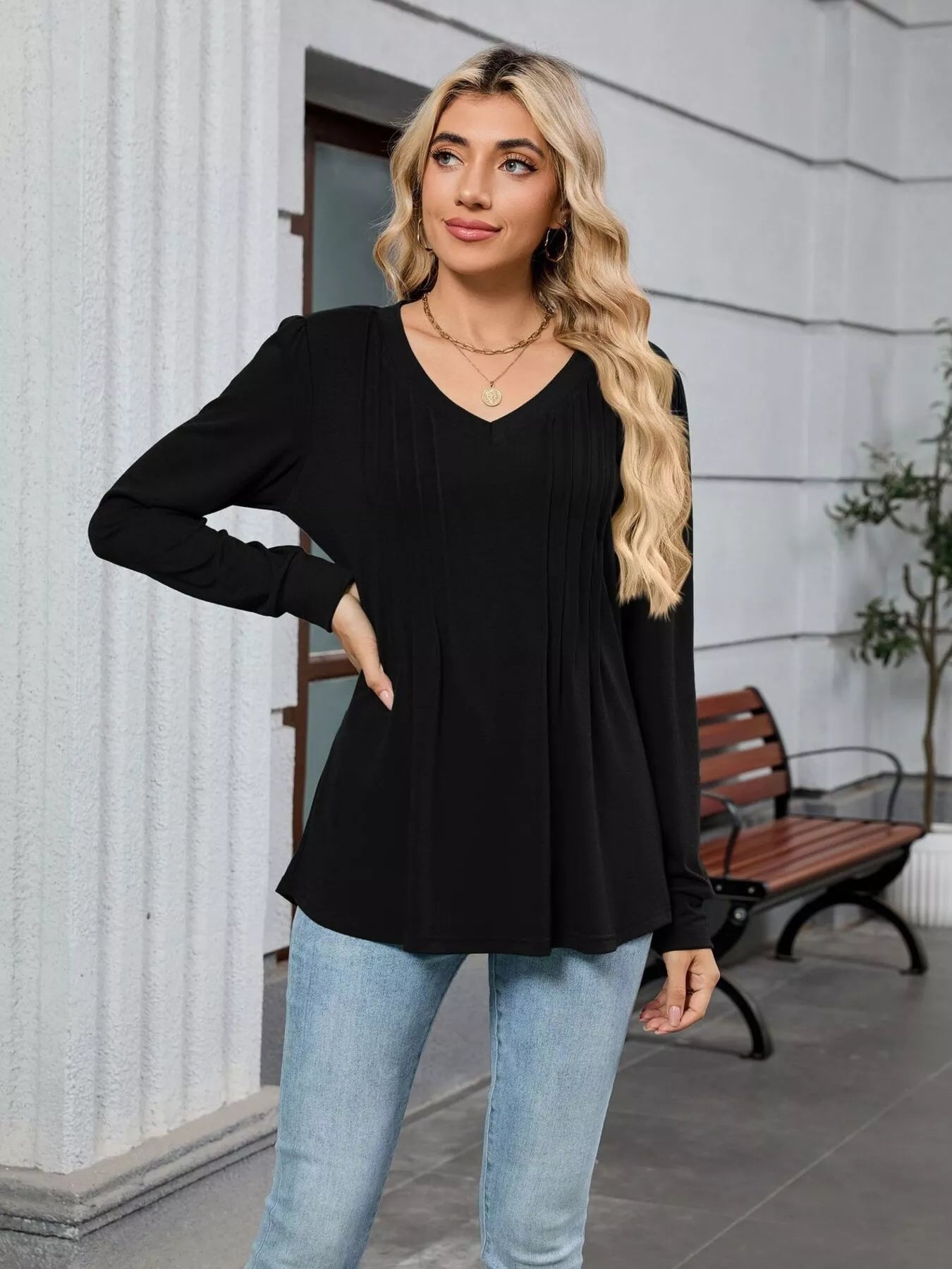 V-Neck Long Sleeve Relaxed Fit T-Shirt
