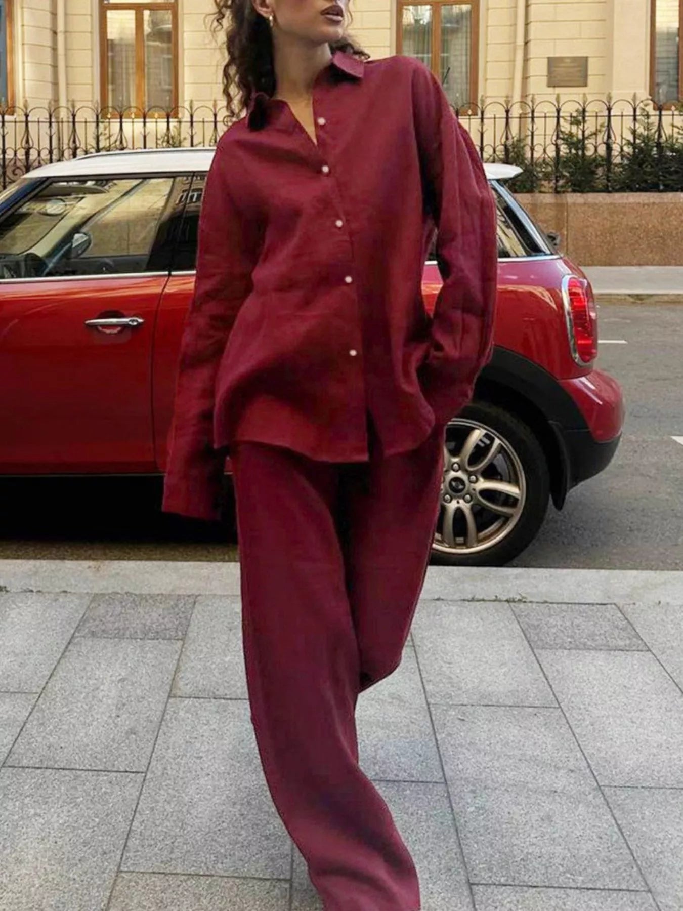 Relaxed Fit Button Up Shirt and Pants Two-Piece Set