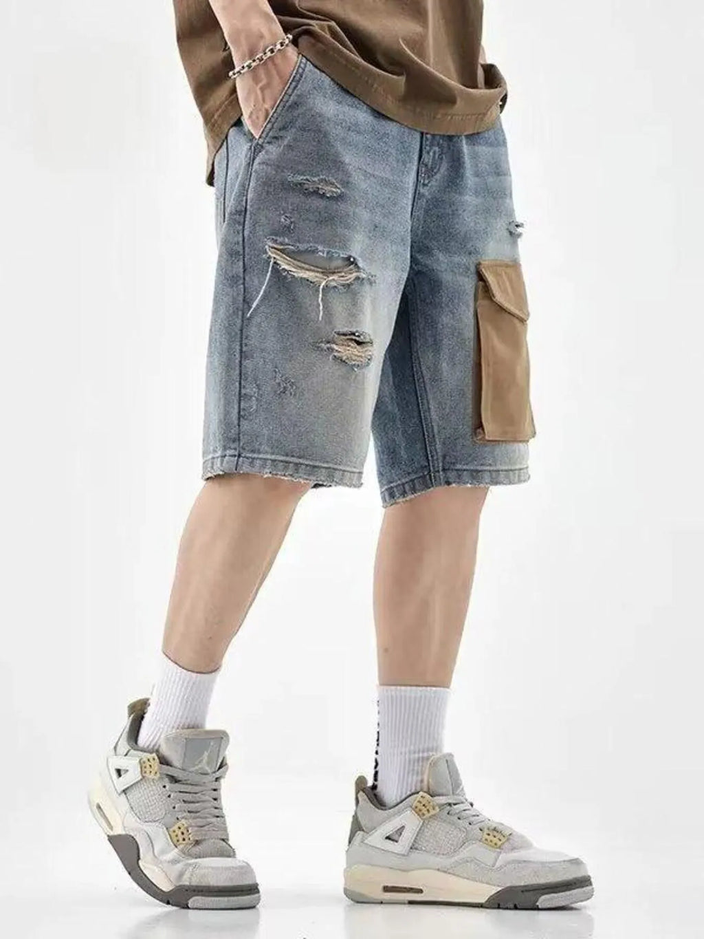 Men's Distressed Denim Shorts with Utility Pocket