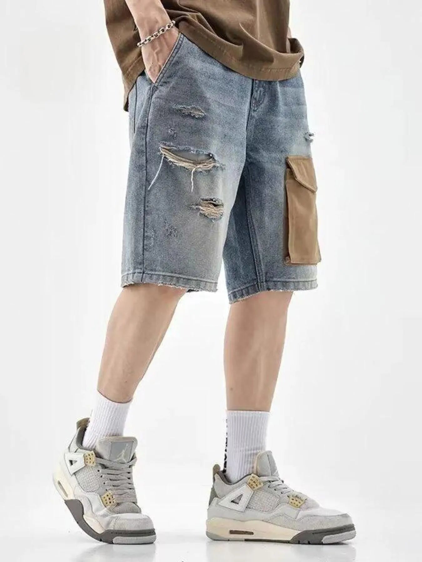 Men's Distressed Denim Shorts with Utility Pocket