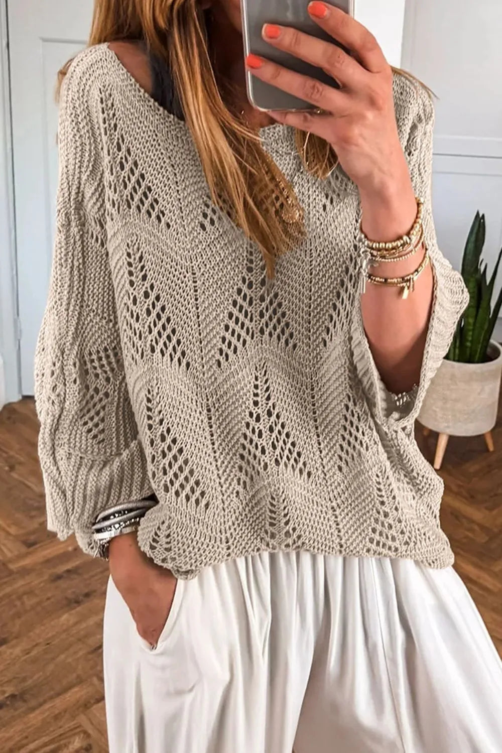 Openwork Round Neck Knit Top