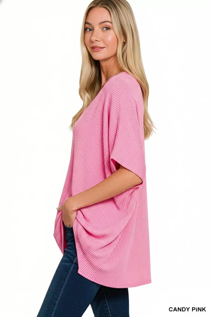 Zenana Raised Rib V-Neck Batwing Top