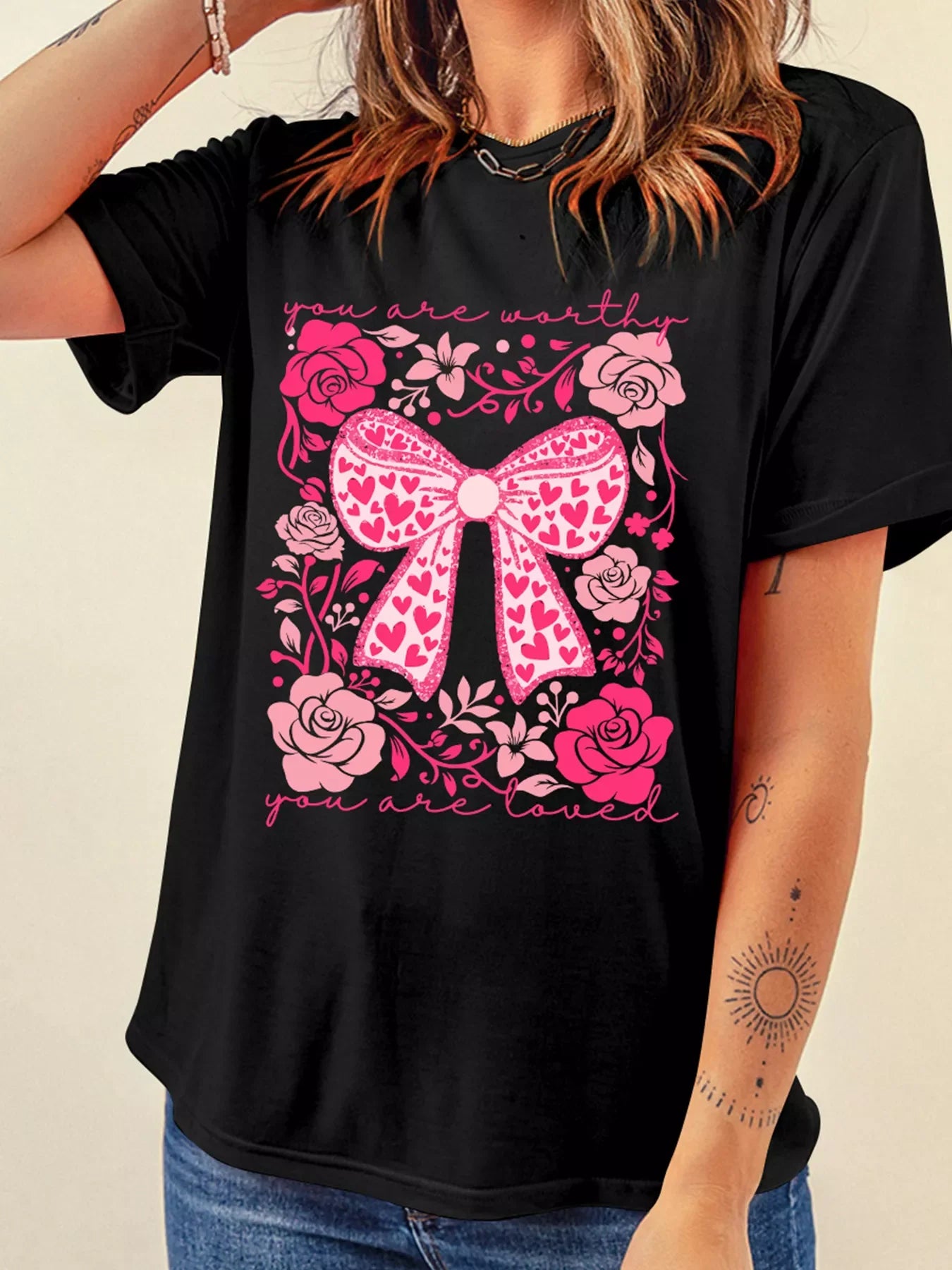 Valentines Day Slogan Floral and Bow T Shirt