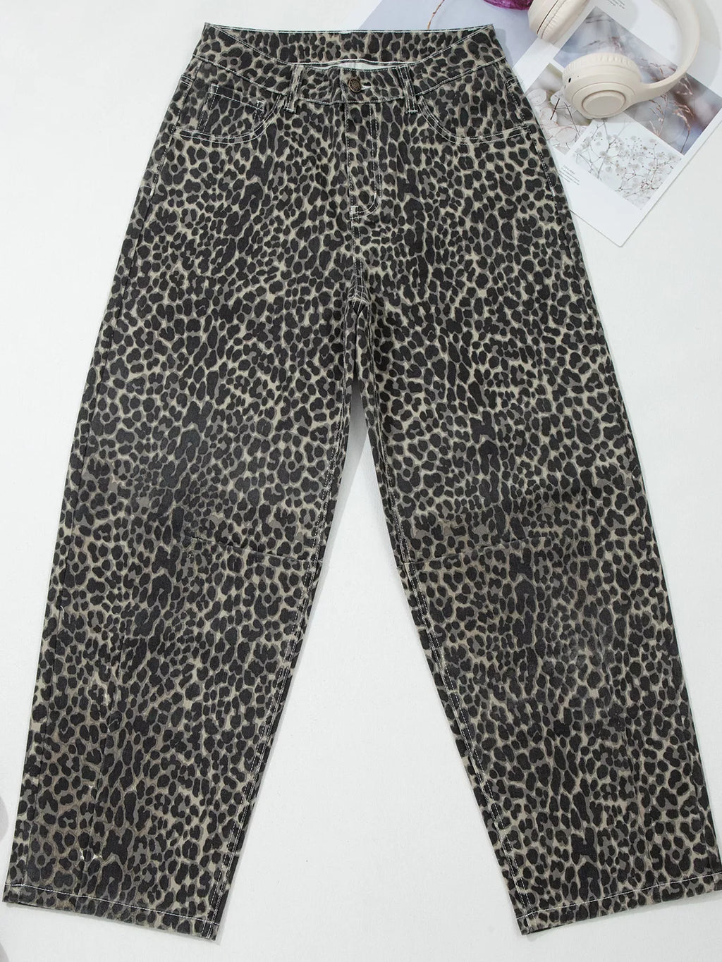 Leopard Print High Waist Barrel Jeans