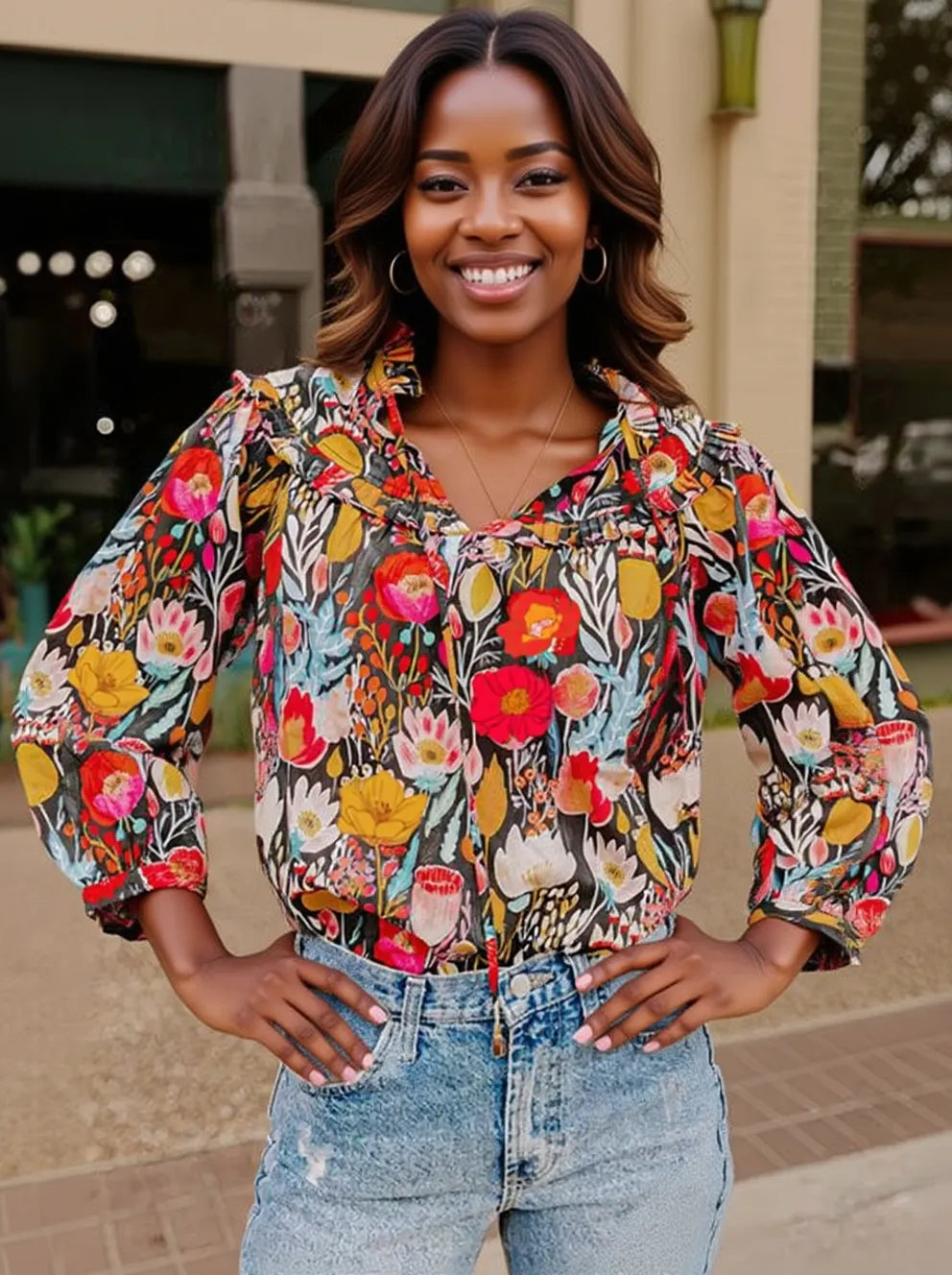 Floral 3/4 Puff Sleeve Tied Neck Blouse