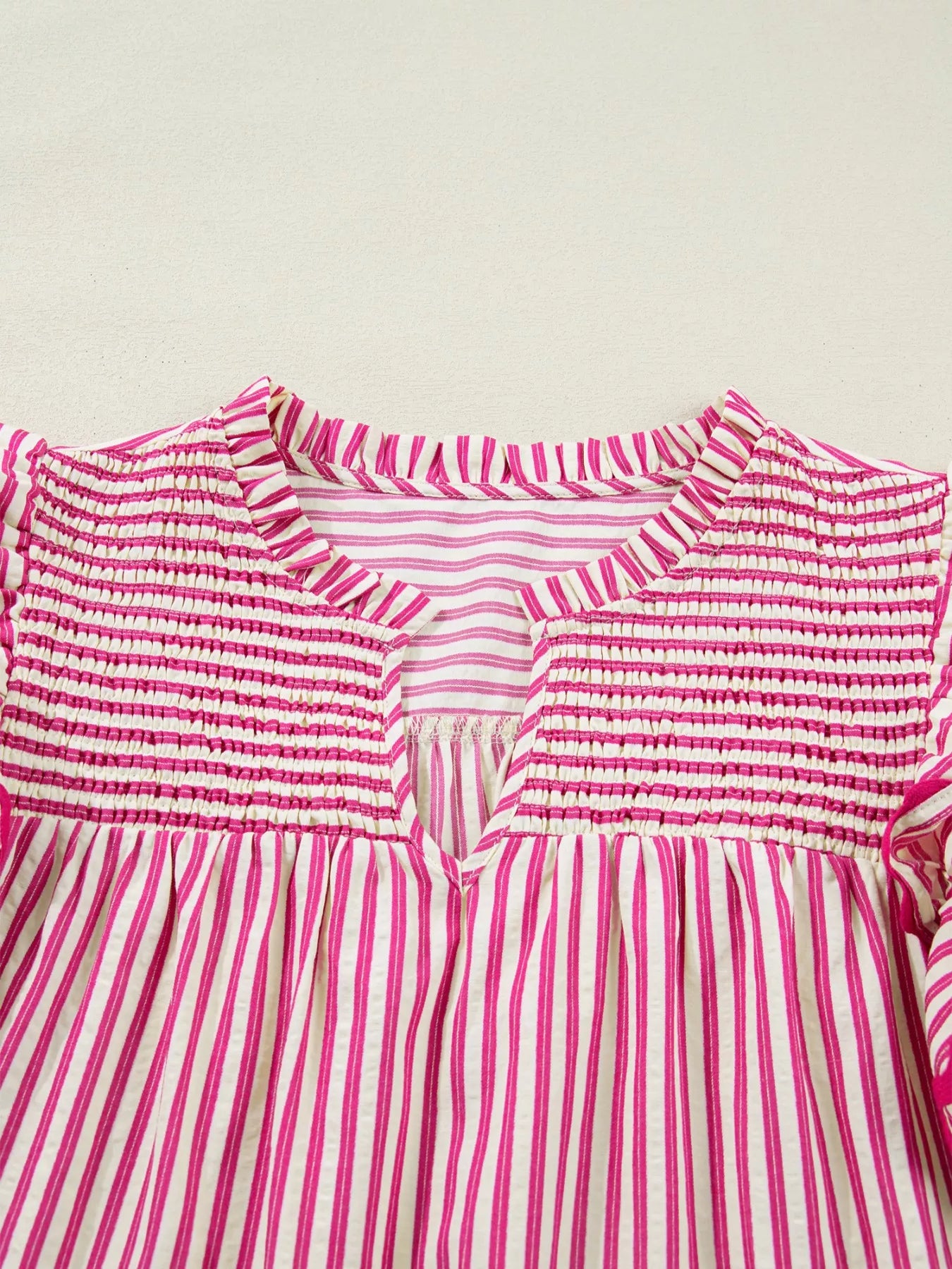 Stripe Shirred Yoke Ruffled Short Sleeve Blouse
