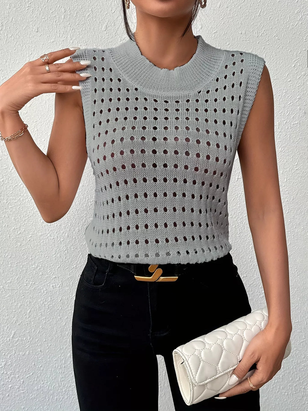 Hollow Out Round Neck Knit Tank