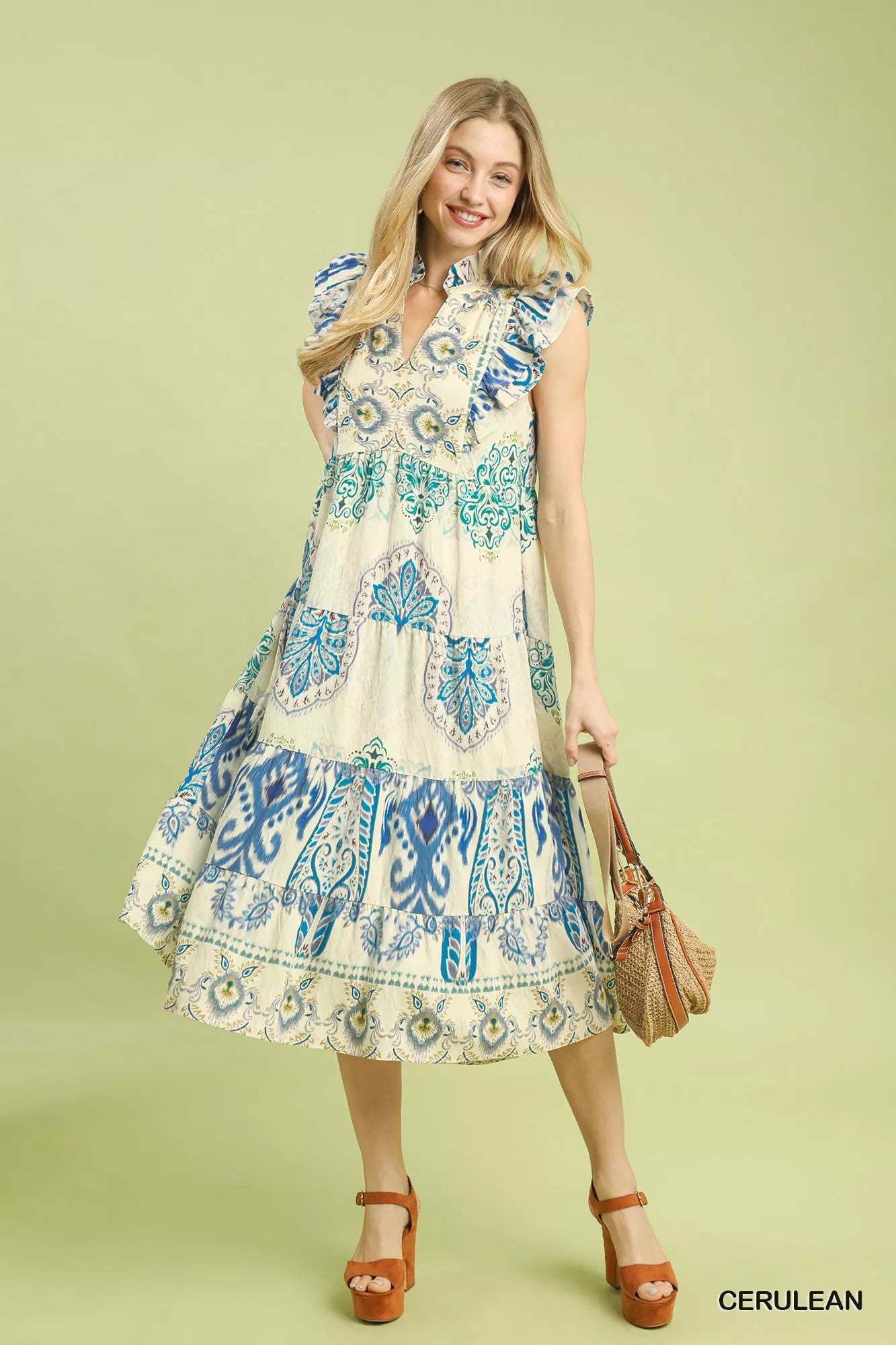 Umgee Boho Boarder Print Ruffle Midi Dress