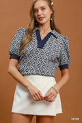 Umgee Printed Collared Puff Sleeve Top