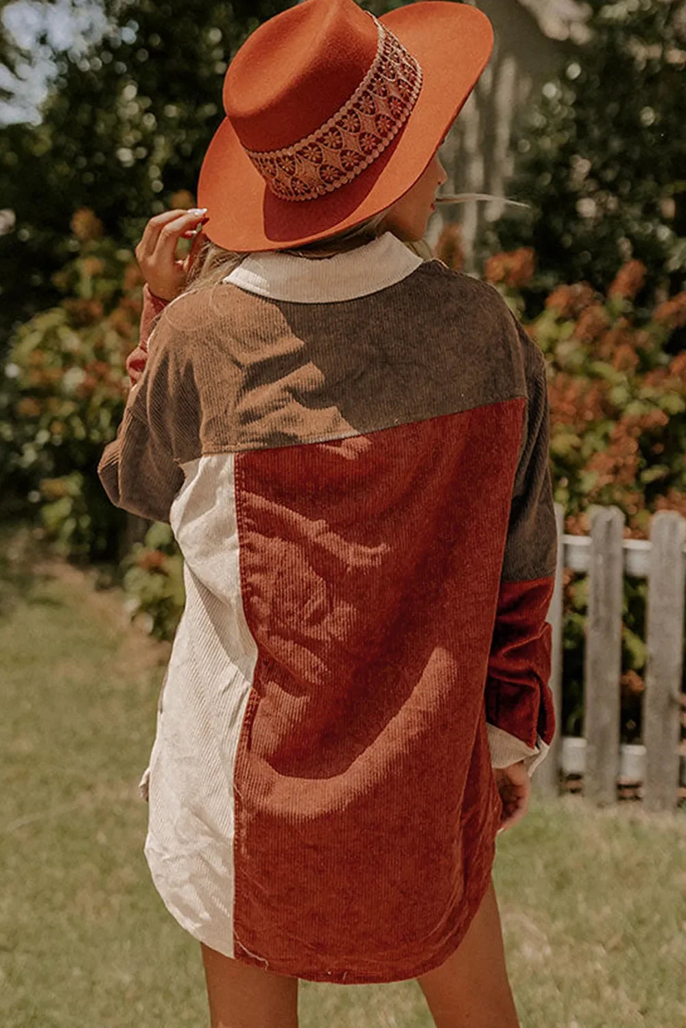 Color Block Curved Hem Corduroy Shacket with Pocket