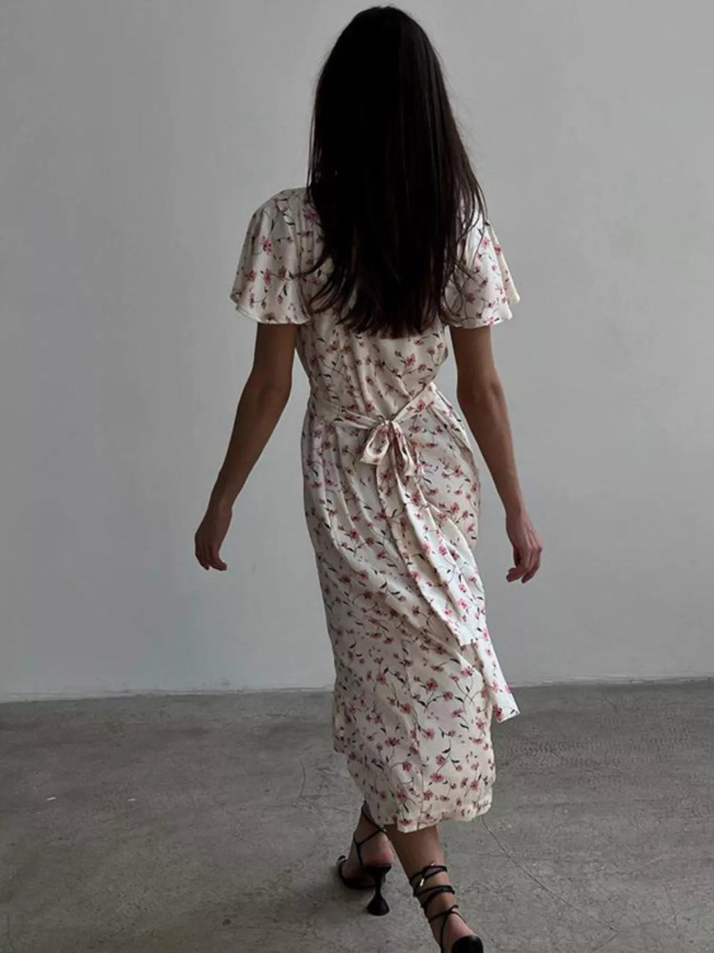 Floral Print V-Neck Flutter Sleeves Midi Dress