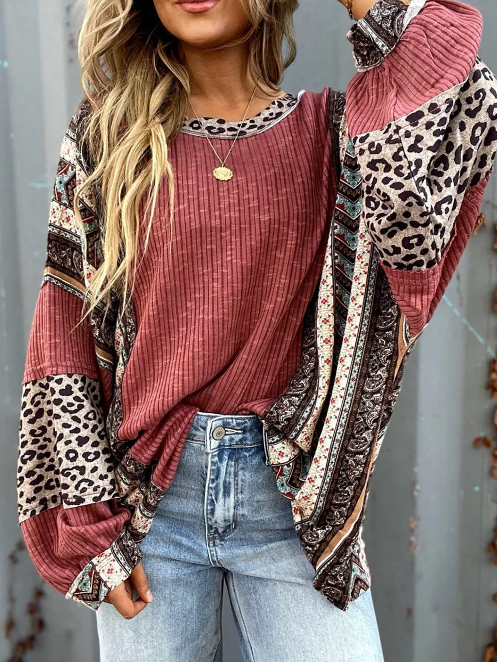 Leopard Color Block Ribbed Top