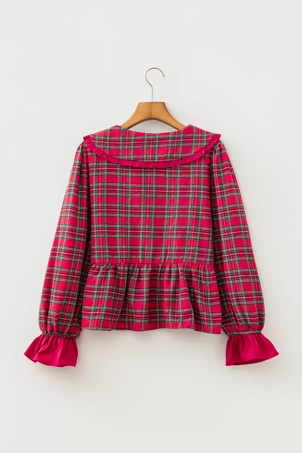 Plaid Tie Neck Ruffle Cuffs Long Sleeve Shift Blouse