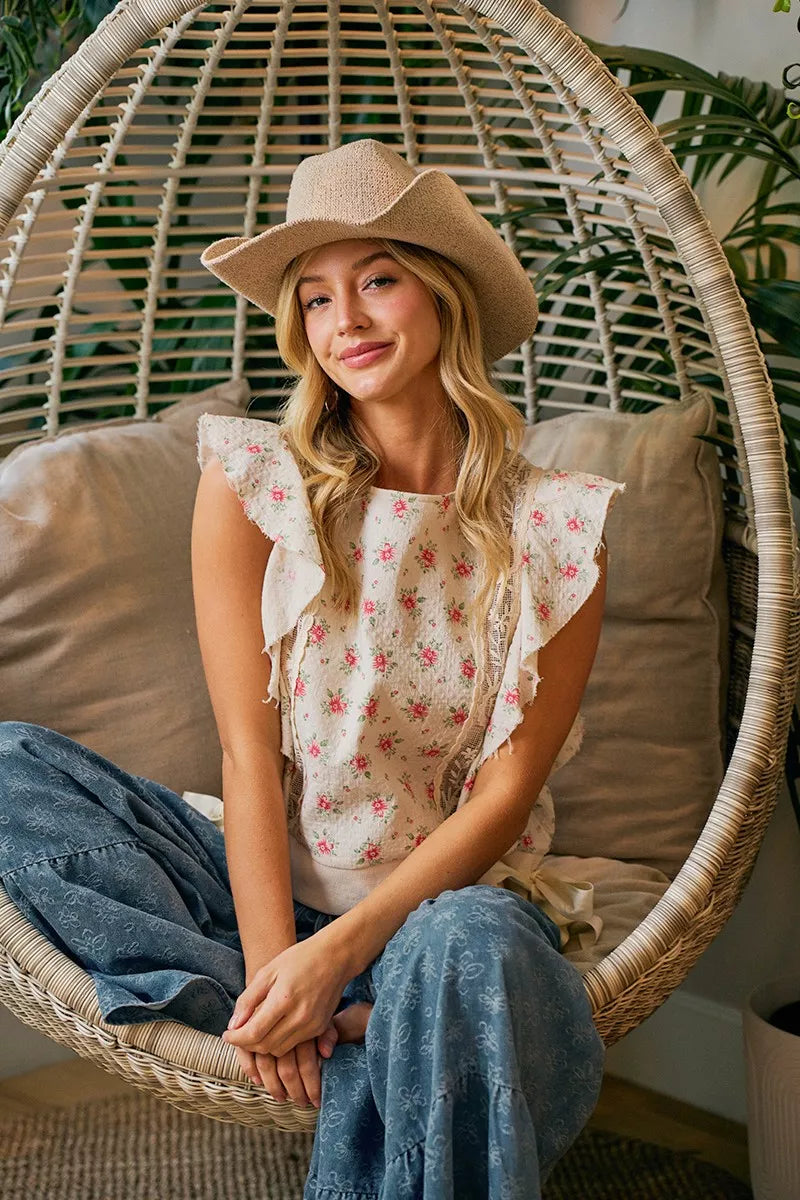 BiBi Flower Printed Ruffle Sleeve Trim Detail Top