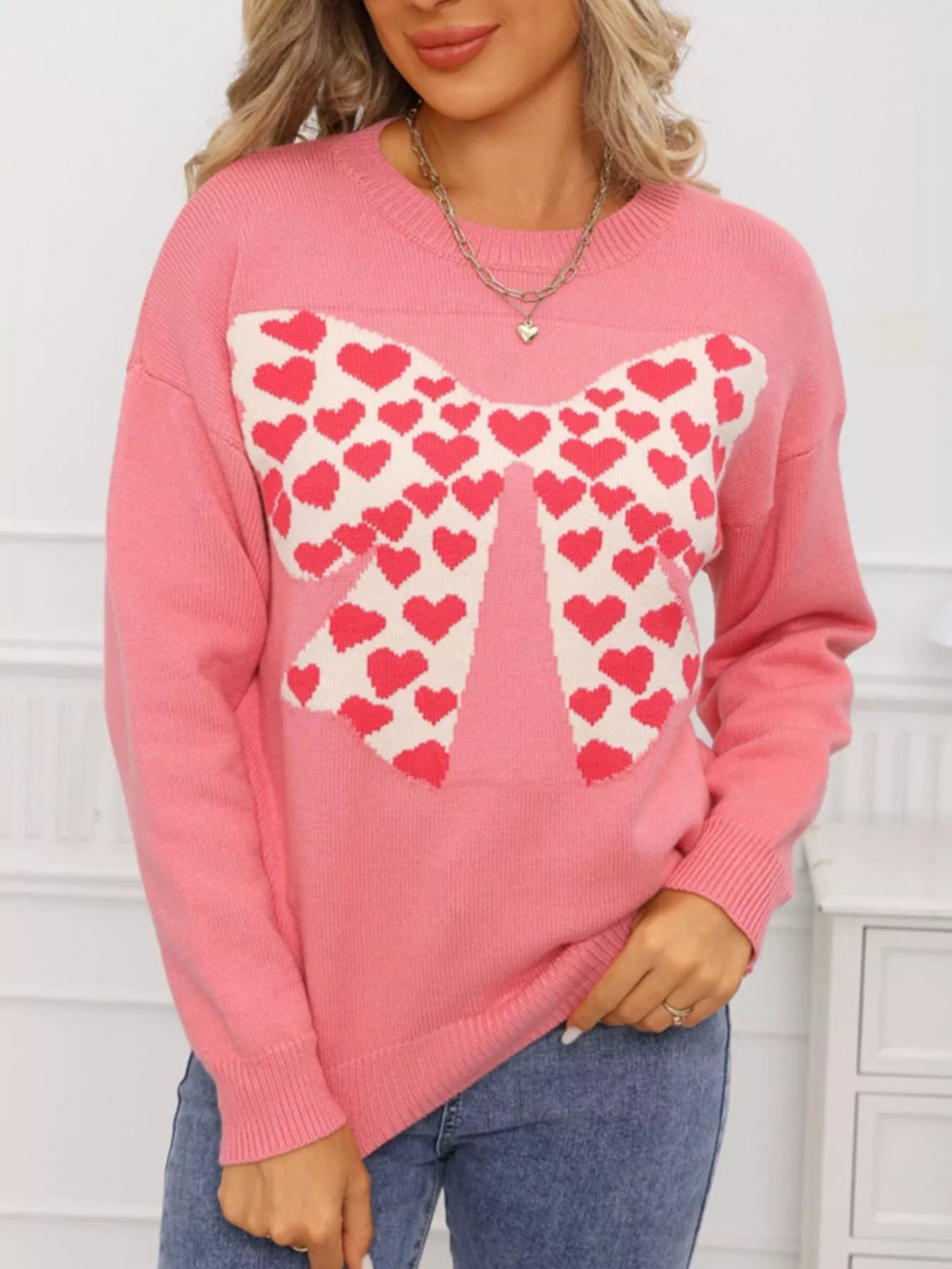 Valentine's Day Heart Bow Round Neck Sweater