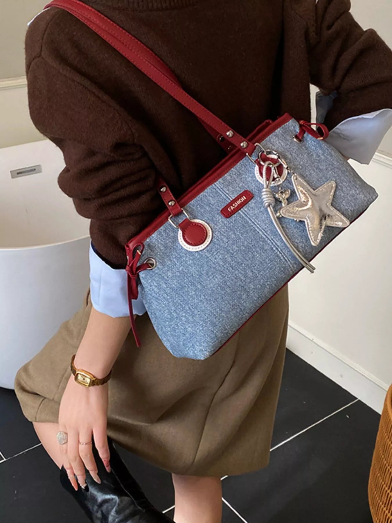 Denim Shoulder Bag with Star Charm