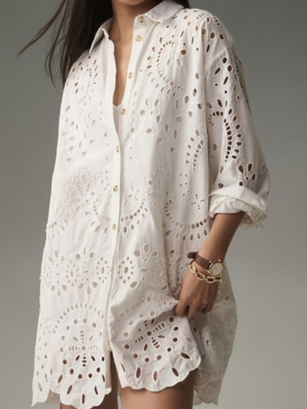 Eyelet Button Up Longline Shirt