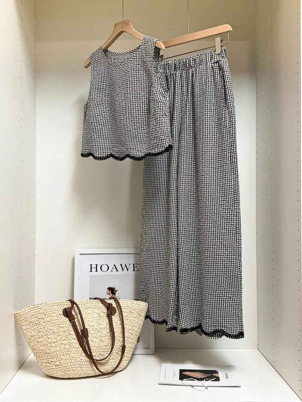 Plaid Scalloped Trim Tank and Pants Set
