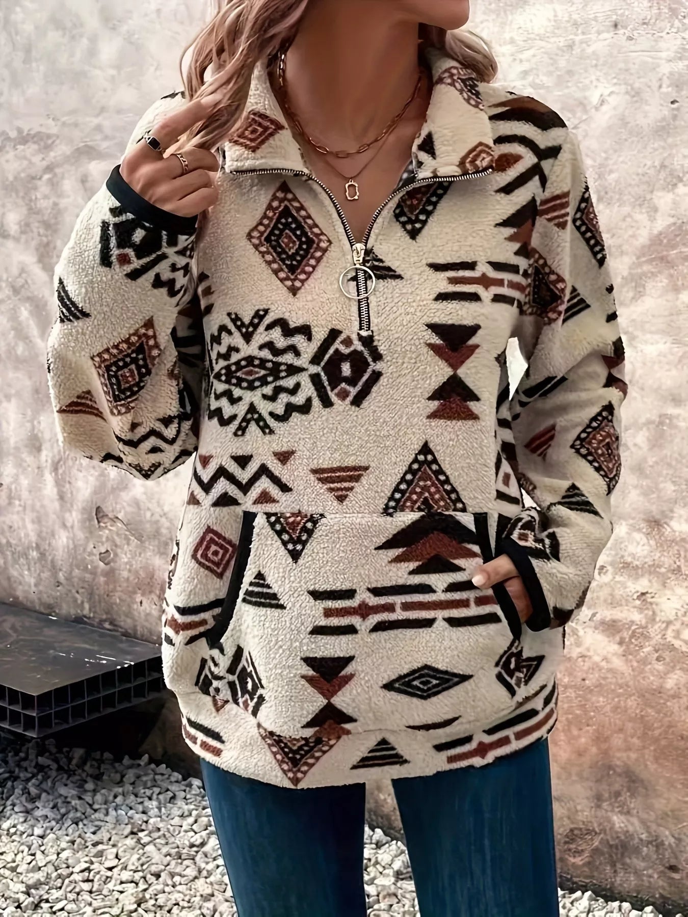 Geometric Half Zip Long Sleeve Sweatshirt