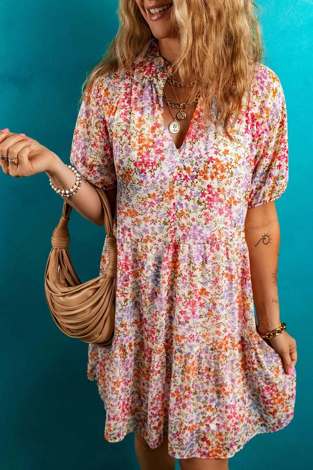 Floral Puff Sleeve Notched Tiered Mini Dress