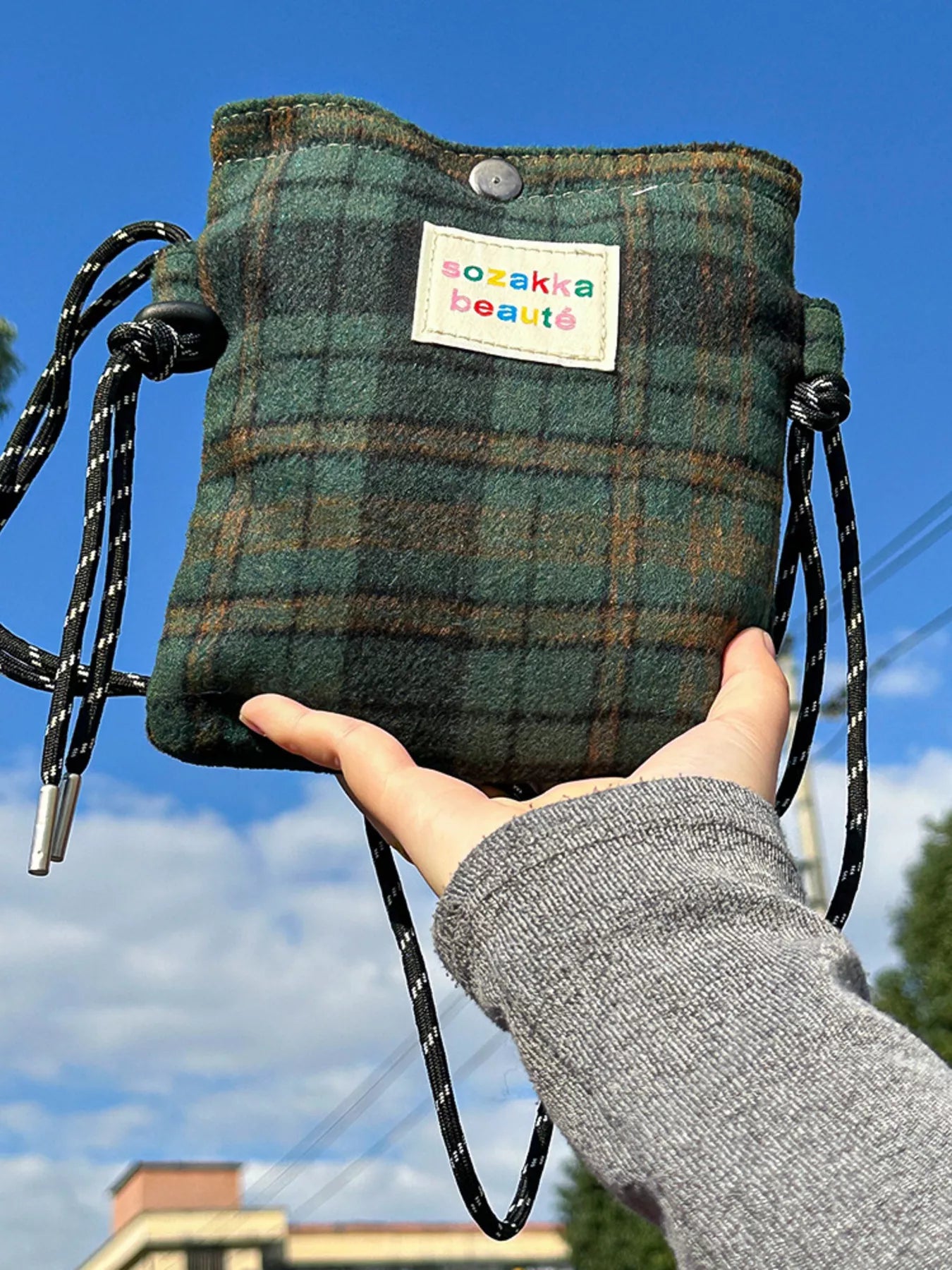Plaid Pattern Drawstring Crossbody Bag