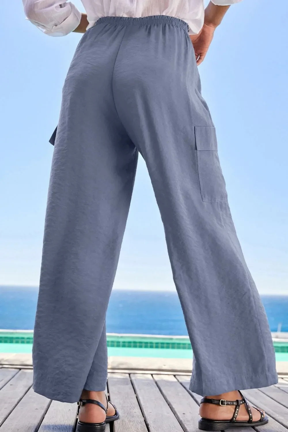 Drawstring Frilled Waist Wide Leg Utility Trousers