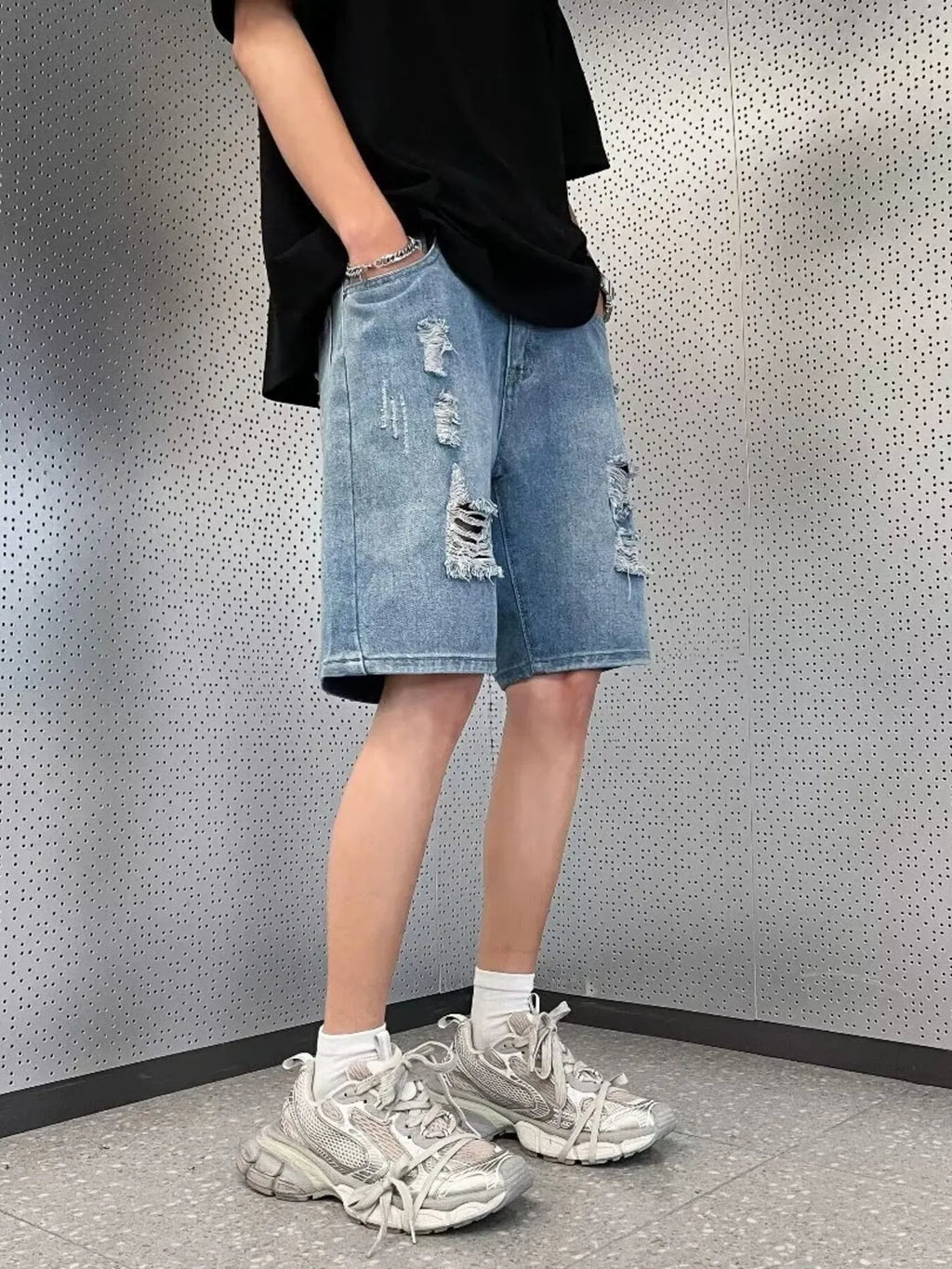 Men's Full Size Distressed Wash Wide Leg Denim Shorts Plus Size