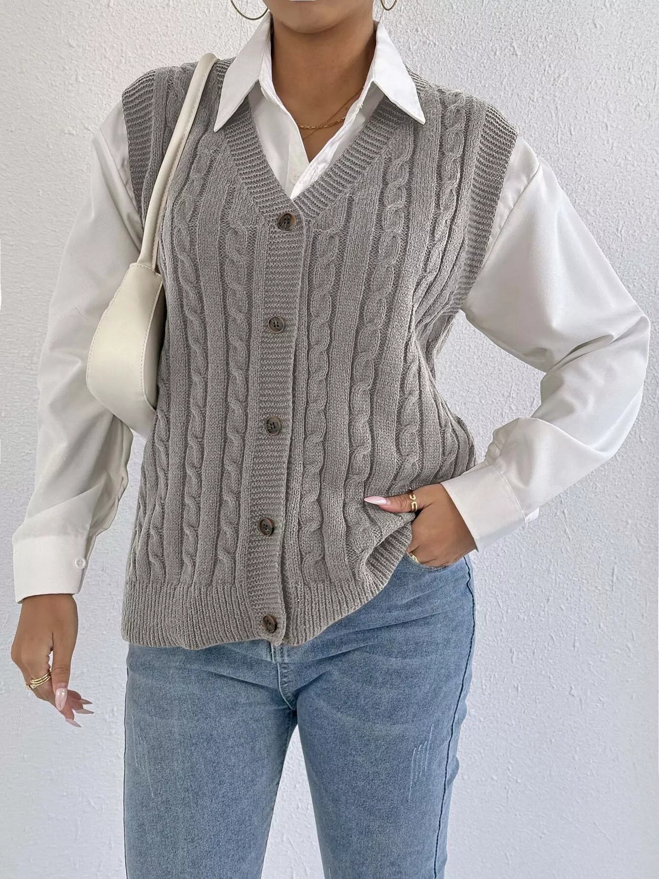 Cable-Knit Button-Up Sweater Vest
