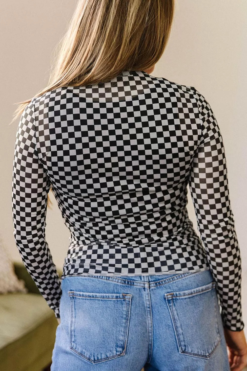 Plaid Stand Neck Long Sleeve Mesh Top