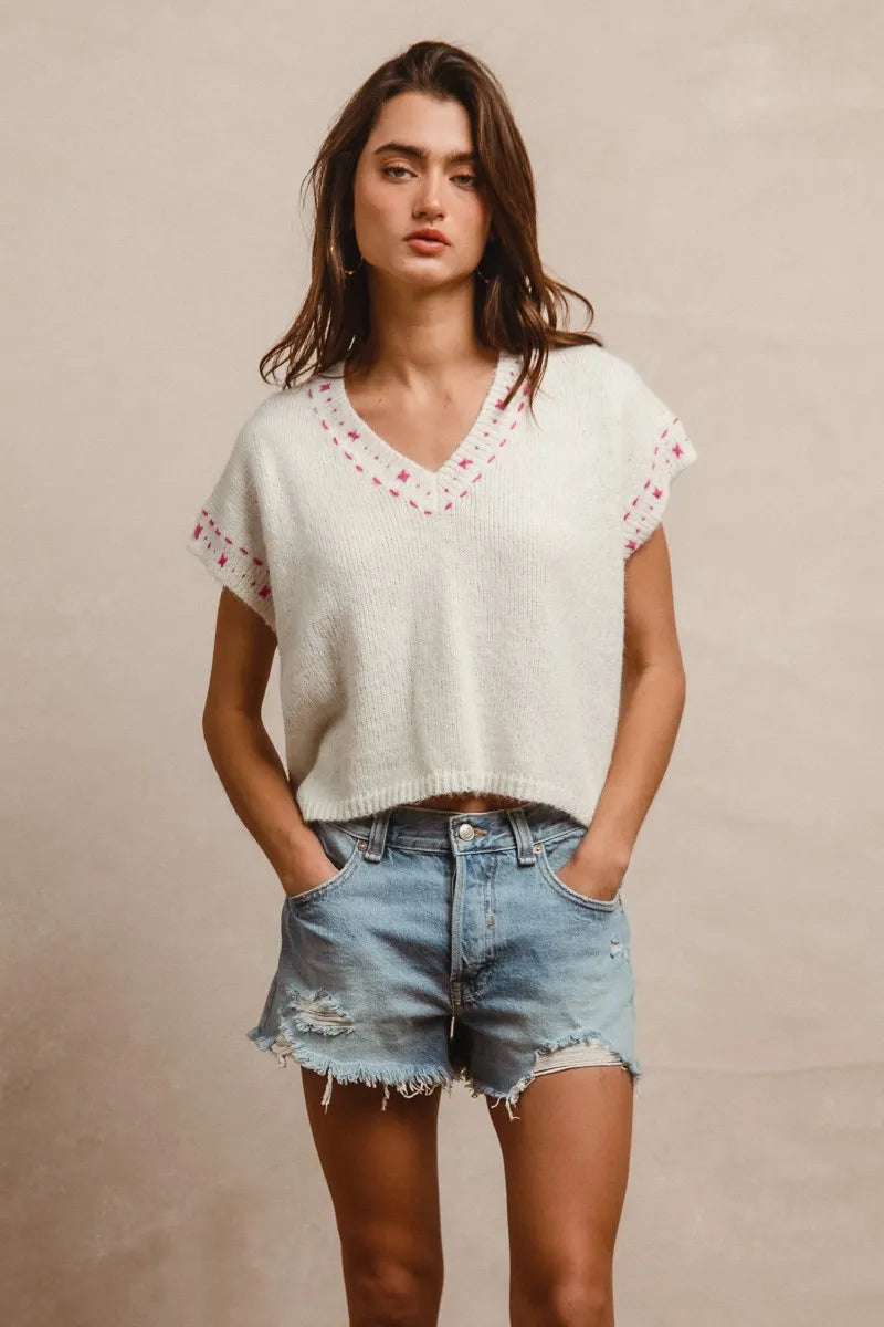 BiBi Knit Solid Contrast Stitch Detail Short Sleeves Sweater