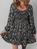 Floral Long Sleeve Frilly Shirred Mini Dress